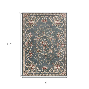 HomeRoots 8' Slate Blue Red Ivory Floral Medallion Rug – Timeless Elegance, Durable, Stain-Resistant Design 5' X 8' 354042