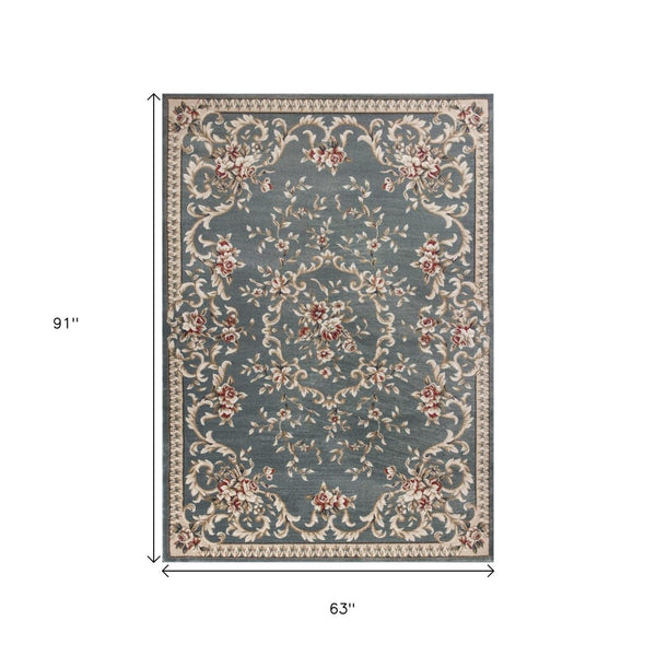HomeRoots 8' Slate Blue Red Ivory Floral Medallion Rug – Timeless Elegance, Durable, Stain-Resistant Design 5' X 8' 354042