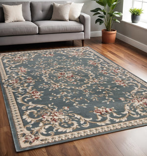 HomeRoots 8' Slate Blue Red Ivory Floral Medallion Rug – Timeless Elegance, Durable, Stain-Resistant Design 5' X 8' 354042