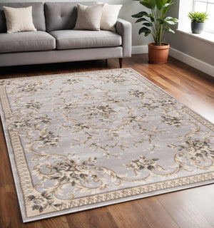 HomeRoots 9' Timeless Light Gray Floral Medallion Area Rug - Durable, Stain-Resistant Design for High-Traffic Areas 5' X 8' 354043