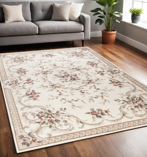 HomeRoots 8' Traditional Floral Medallion Area Rug in Ivory, Red & Green - Elegant, Durable Design for Any Room 5' X 8' 354044