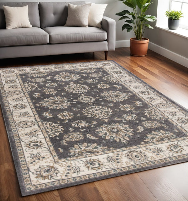 HomeRoots 8' Gray and Ivory Floral Medallion Round Rug - Timeless Elegance for Living Spaces, Durable Comfort 5' X 8' 354045