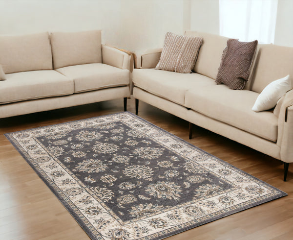 Homeroots 5' X 8' Grey Or Ivory Floral Vines Bordered Area Rug  Polypropylene 354045