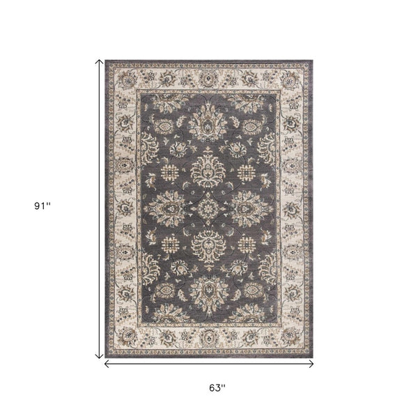 HomeRoots 8' Gray and Ivory Floral Medallion Round Rug - Timeless Elegance for Living Spaces, Durable Comfort 5' X 8' 354045
