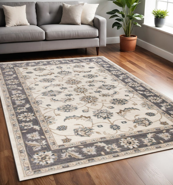 HomeRoots 8' Ivory and Gray Floral Medallion Rug - Elegant, Stain-Resistant Design for Timeless Home Style 5' X 8' 354047