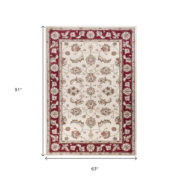 HomeRoots 8' Timeless Ivory and Red Floral Medallion Rug for Elegant Living Spaces and Cozy Comfort 5' X 8' 354048