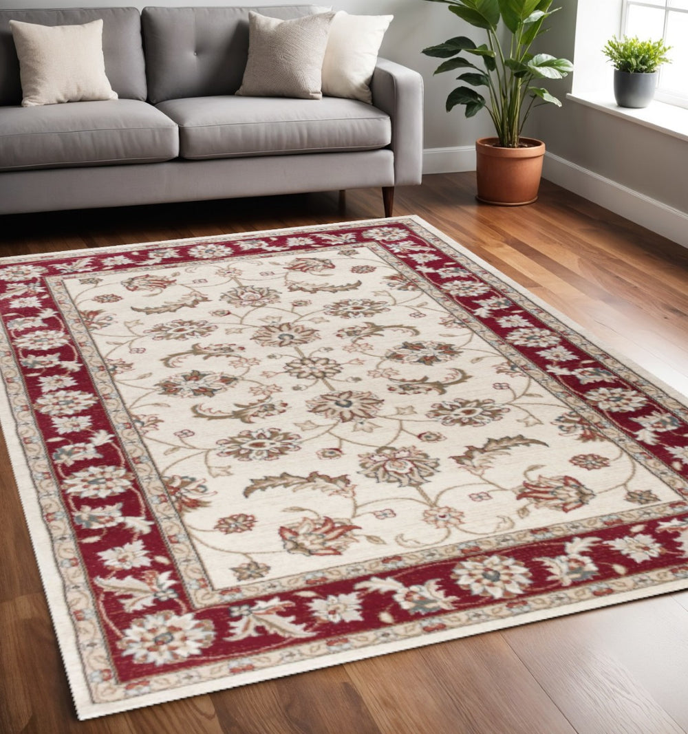 HomeRoots 8' Timeless Ivory and Red Floral Medallion Rug for Elegant Living Spaces and Cozy Comfort 5' X 8' 354048