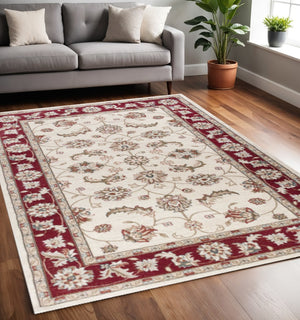 HomeRoots 8' Timeless Ivory and Red Floral Medallion Rug for Elegant Living Spaces and Cozy Comfort 5' X 8' 354048