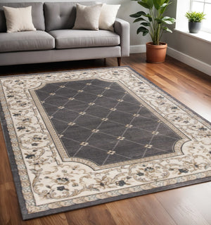 HomeRoots 8' Gray and Ivory Floral Round Rug - Elegant Traditional Design for High-Traffic Living Spaces 5' X 8' 354050
