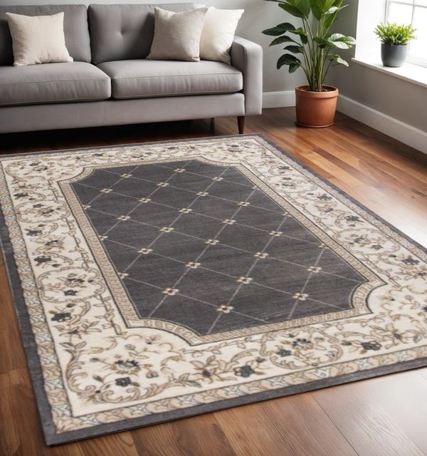 HomeRoots 8' Gray and Ivory Floral Round Rug - Elegant Traditional Design for High-Traffic Living Spaces 5' X 8' 354050