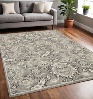 HomeRoots 7' Gray and Ivory Floral Medallion Area Rug - Timeless Elegance with UV Protection for Busy Homes 5' X 8' 354067