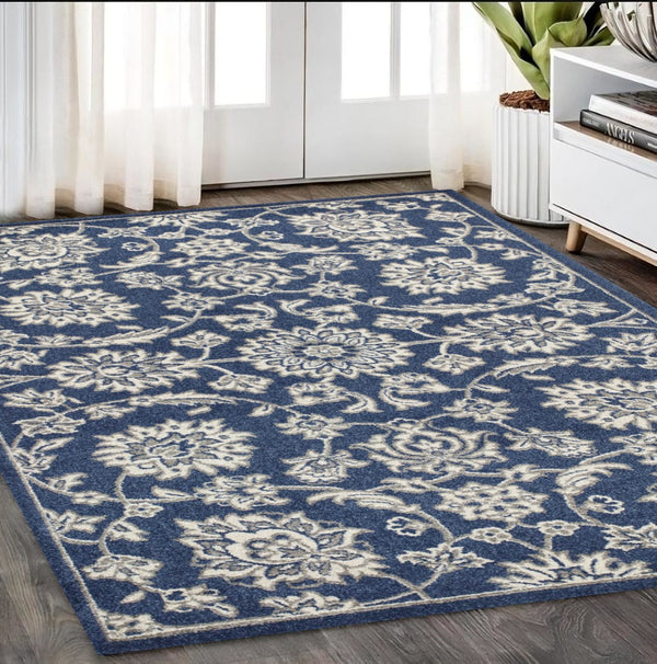 HomeRoots 7' Elegant Blue and Ivory Floral Medallion Area Rug - Durable, Stain-Resistant, Low-Maintenance Design 5' X 8' 354070