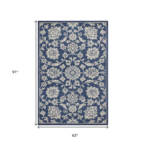HomeRoots 7' Elegant Blue and Ivory Floral Medallion Area Rug - Durable, Stain-Resistant, Low-Maintenance Design 5' X 8' 354070