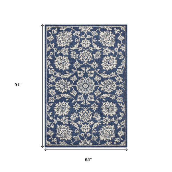 HomeRoots 7' Elegant Blue and Ivory Floral Medallion Area Rug - Durable, Stain-Resistant, Low-Maintenance Design 5' X 8' 354070