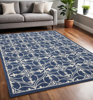 HomeRoots 7' Floral Medallion Area Rug in Blue and Ivory - Elegant, Durable Design for High-Traffic Spaces 5' X 8' 354072