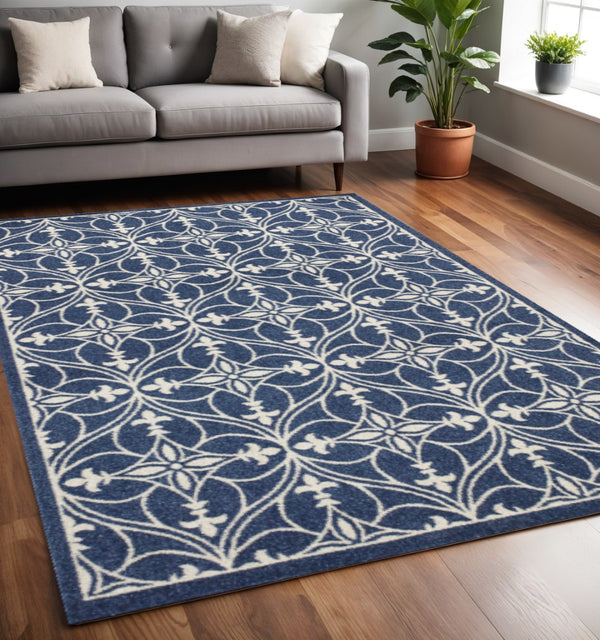 HomeRoots 7' Floral Medallion Area Rug in Blue and Ivory - Elegant, Durable Design for High-Traffic Spaces 5' X 8' 354072
