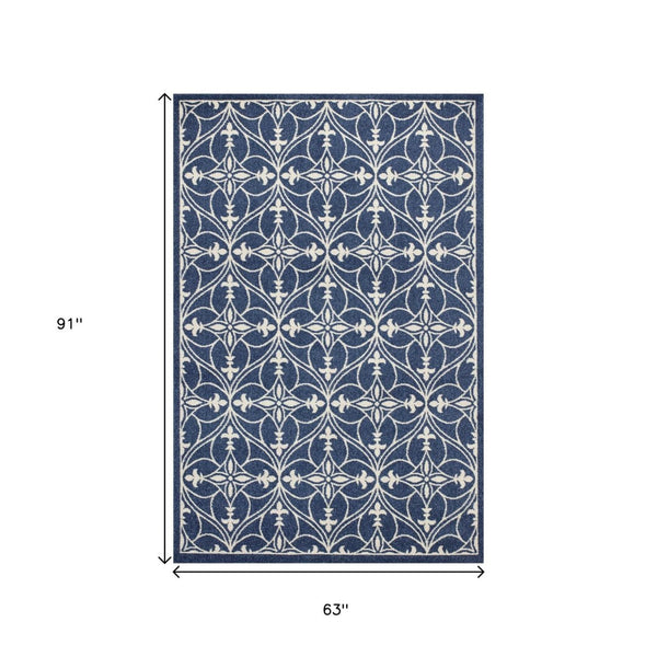 HomeRoots 7' Floral Medallion Area Rug in Blue and Ivory - Elegant, Durable Design for High-Traffic Spaces 5' X 8' 354072
