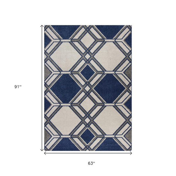 HomeRoots 8' Geometric Area Rug in Blue, Ivory, and Gray - Modern Design for Stylish, Cozy Living Spaces 5' X 8' 354076