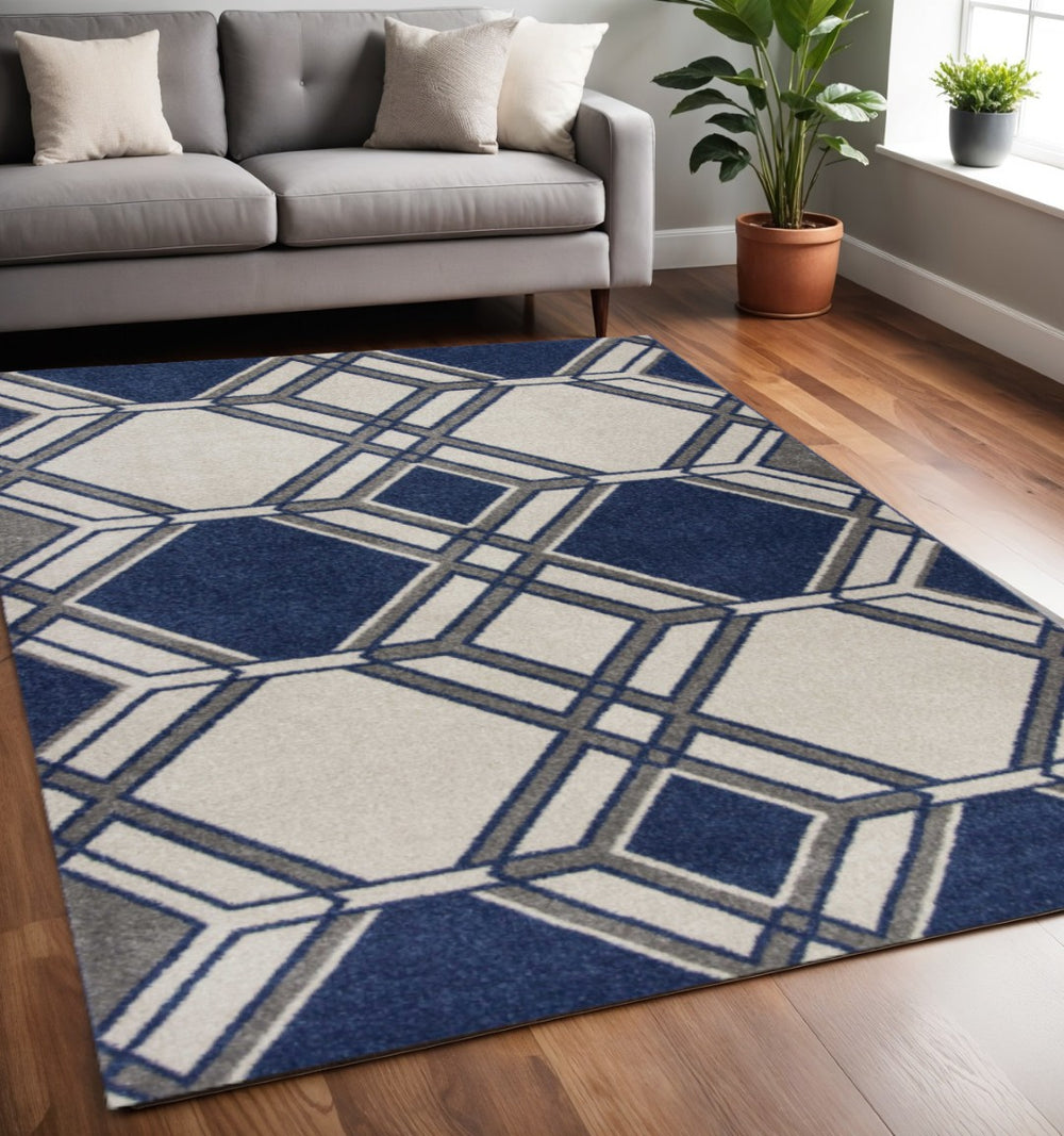 HomeRoots 8' Geometric Area Rug in Blue, Ivory, and Gray - Modern Design for Stylish, Cozy Living Spaces 5' X 8' 354076