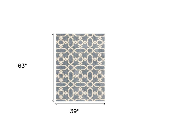 Homeroots 3' X 5' Slate Blue Geometric Machine Woven Microfiber Indoor Area Rug  Microfiber 354084