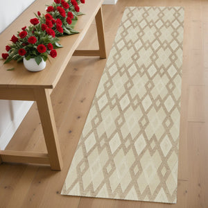HomeRoots 3'' Ivory and Brown Geometric Wool Area Rug – Handcrafted Plush Comfort for Modern Home Décor 7' Runner 354086