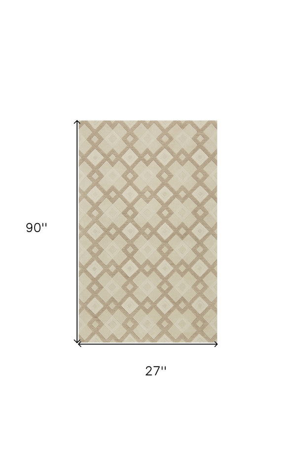 HomeRoots 3'' Ivory and Brown Geometric Wool Area Rug – Handcrafted Plush Comfort for Modern Home Décor 7' Runner 354086