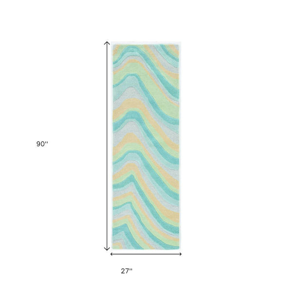HomeRoots 3' Abstract Hand-Tufted Wool Area Rug in Blue, Beige, and Green - Cozy Modern Decor for Small Spaces 8' Runner 354087