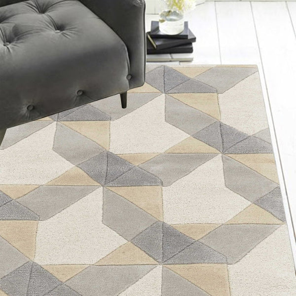 HomeRoots 3'' Ivory Gray and Cream Wool Geometric Area Rug - Soft, Modern Elegance for Any Space 7' Runner 354088
