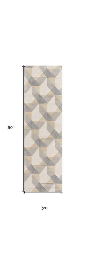 HomeRoots 3'' Ivory Gray and Cream Wool Geometric Area Rug - Soft, Modern Elegance for Any Space 7' Runner 354088