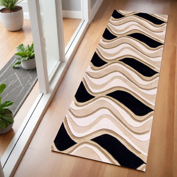 HomeRoots 8' Hand-Tufted Beige and Black Wool Abstract Area Rug - Elevate Your Space with Modern Comfort 7' Runner 354091