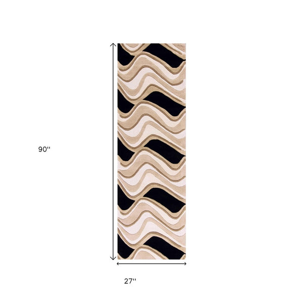 HomeRoots 8' Hand-Tufted Beige and Black Wool Abstract Area Rug - Elevate Your Space with Modern Comfort 7' Runner 354091