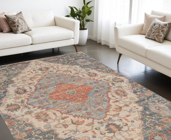 Homeroots 8' X 10' Blue Red Hand Woven Diamond Medallion Indoor Area Rug  Jute 354093