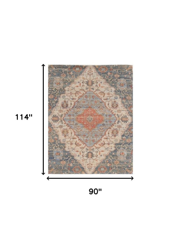 Homeroots 8' X 10' Blue Red Hand Woven Diamond Medallion Indoor Area Rug  Jute 354093