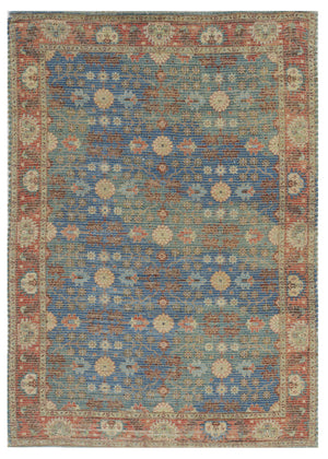 Homeroots 7' X 9' Blue And Red Floral Medallion Hand Woven Area Rug  Jute,Polyester 354094
