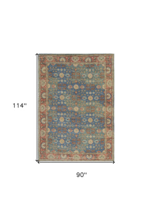 Homeroots 7' X 9' Blue And Red Floral Medallion Hand Woven Area Rug  Jute,Polyester 354094