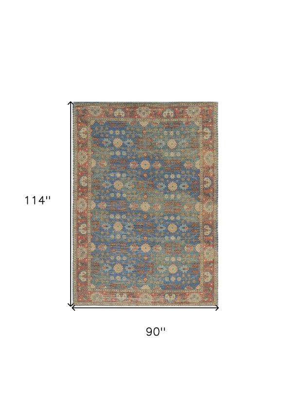 Homeroots 7' X 9' Blue And Red Floral Medallion Hand Woven Area Rug  Jute,Polyester 354094