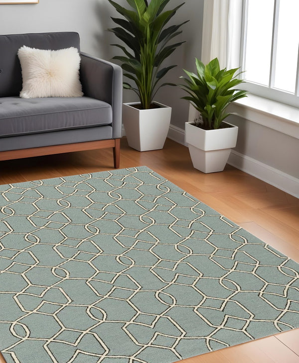 HomeRoots 5' Contemporary Green and Ivory Geometric Hand-Hooked Area Rug for Modern Living Spaces 7' X 7' 354098