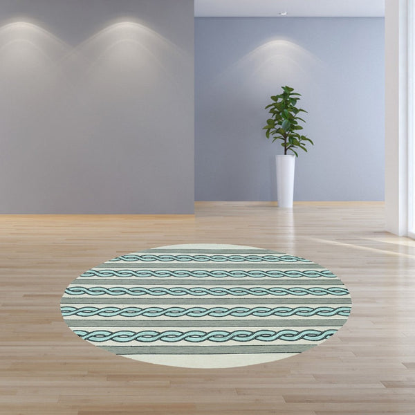 HomeRoots 5' Handmade Abstract Area Rug in Ivory and Blue - Stylish, Durable Design for Indoor & Outdoor Use 7' Round 354099