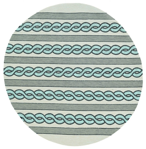 HomeRoots 5' Handmade Abstract Area Rug in Ivory and Blue - Stylish, Durable Design for Indoor & Outdoor Use 7' Round 354099