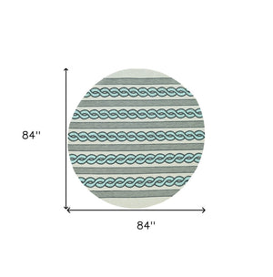 HomeRoots 5' Handmade Abstract Area Rug in Ivory and Blue - Stylish, Durable Design for Indoor & Outdoor Use 7' Round 354099