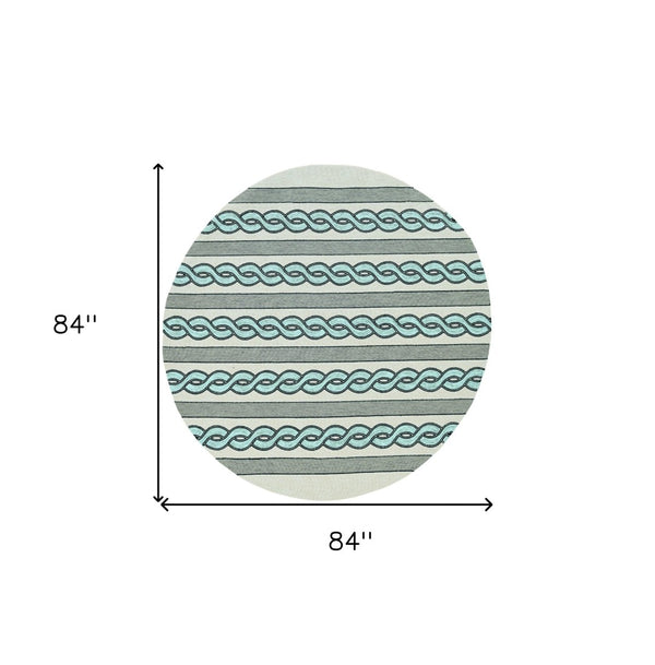 HomeRoots 5' Handmade Abstract Area Rug in Ivory and Blue - Stylish, Durable Design for Indoor & Outdoor Use 7' Round 354099