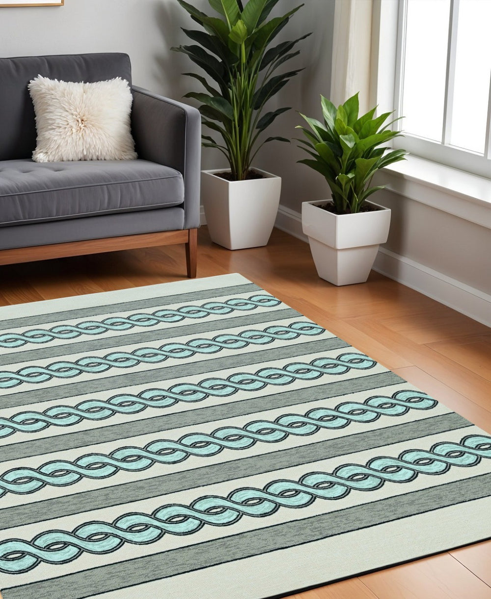 HomeRoots 6' Hand-Hooked Geometric Area Rug in Ivory, Light Blue & Gray - Durable, Stylish & Versatile Design 7' X 7' 354100