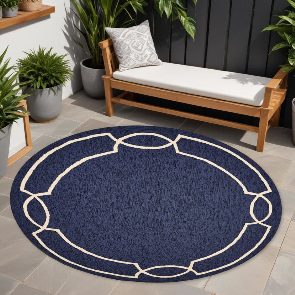 HomeRoots 7' Blue and Ivory Geometric Handmade Area Rug for Indoor and Outdoor Spaces, Durable & Stylish 7' Round Round 354107