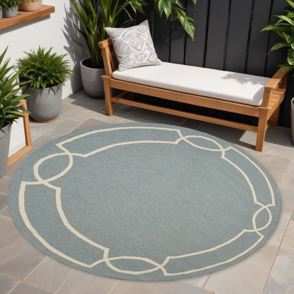 HomeRoots 7' Sky Blue and Ivory Geometric Handmade Area Rug for Indoor and Outdoor Spaces – Stylish & Durable 7' Round Round 354109