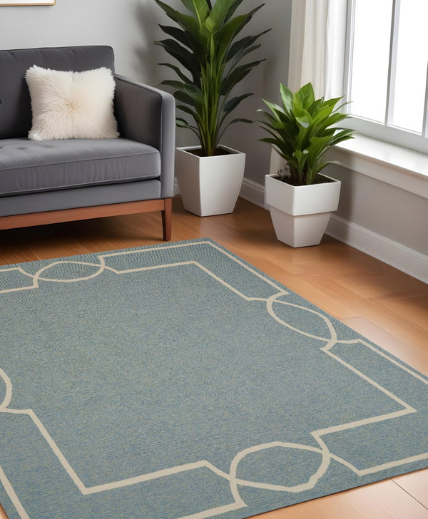 HomeRoots 7' Blue and Ivory Geometric Hand Hooked Area Rug - Modern Artistry for Stylish Spaces and Durability 7' X 7' 354110
