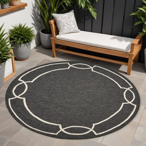HomeRoots 7' Onyx and Ivory Geometric Handmade Area Rug for Indoor and Outdoor Spaces, Durable Design 7' Round Round 354111