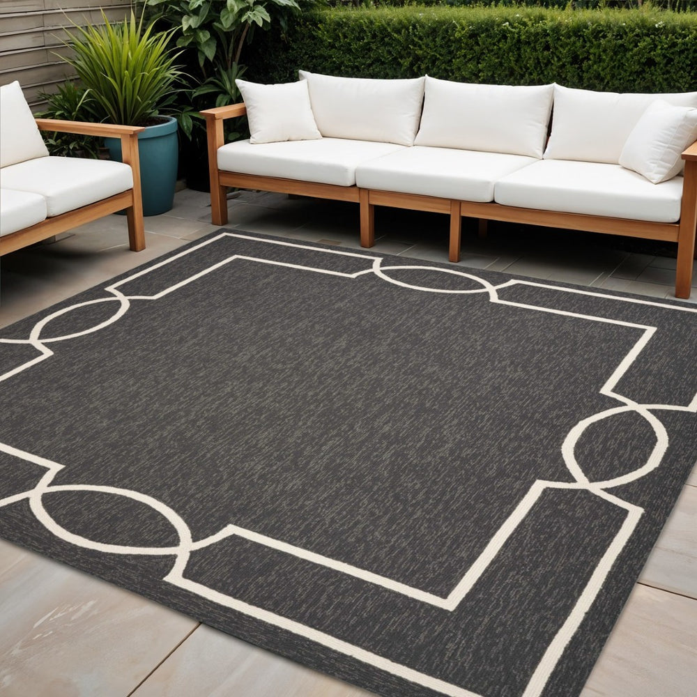 HomeRoots 7' Handmade Geometric Area Rug - Durable Onyx and White Design for Indoor/Outdoor Spaces Black 354112