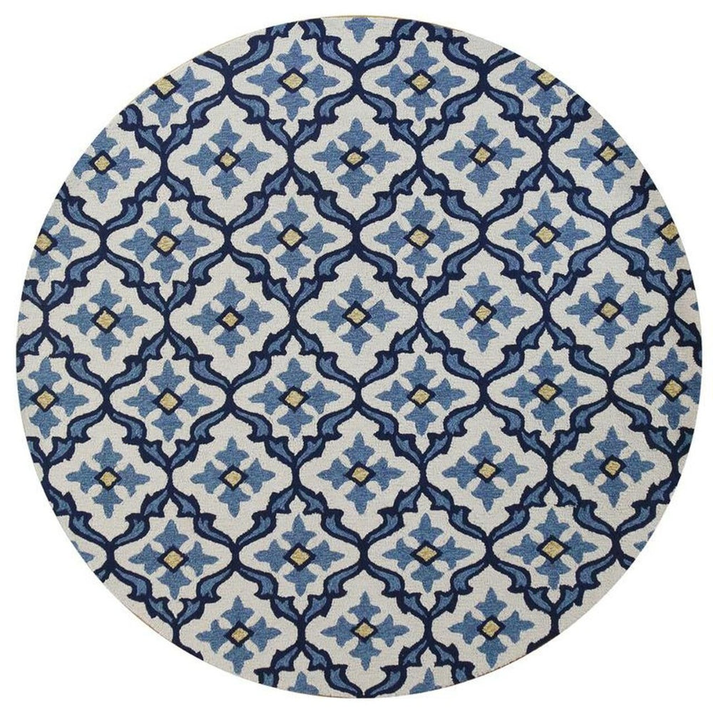 HomeRoots 5' Elegant Ivory and Blue Moroccan Area Rug for Indoor and Outdoor Spaces, Durable and Chic Design 8' Round 354121