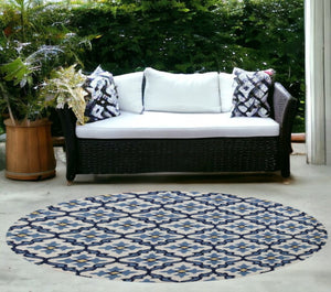 HomeRoots 5' Elegant Ivory and Blue Moroccan Area Rug for Indoor and Outdoor Spaces, Durable and Chic Design 8' Round 354121