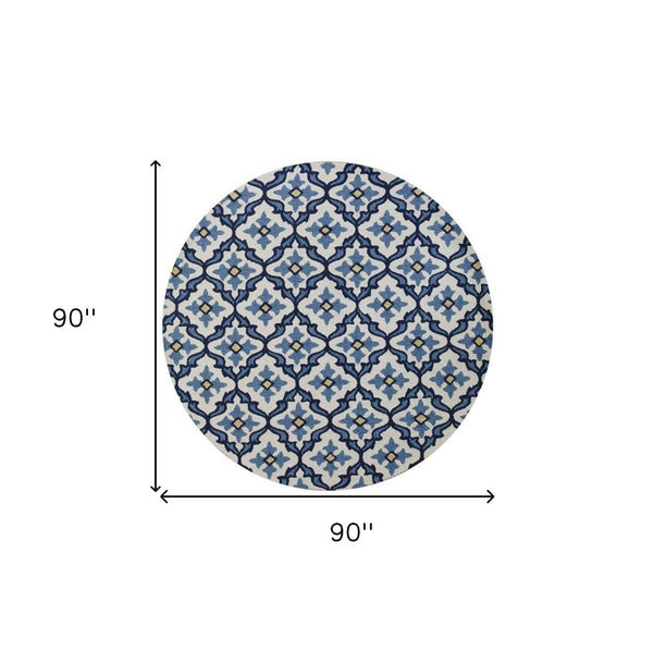 HomeRoots 5' Elegant Ivory and Blue Moroccan Area Rug for Indoor and Outdoor Spaces, Durable and Chic Design 8' Round 354121